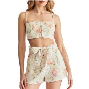 Caroline Constas Linen Blend Floral Rose Short Crop Top Set Outfit S